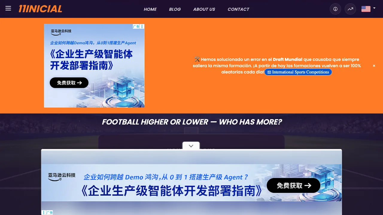 The 11Inicial football higher or lower game with its how-it-works panel and language switcher