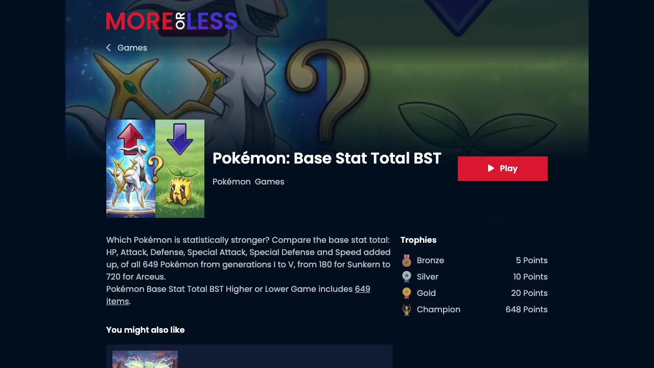The MoreOrLess.io Pokemon base stat total game page listing 649 items across generations one to five