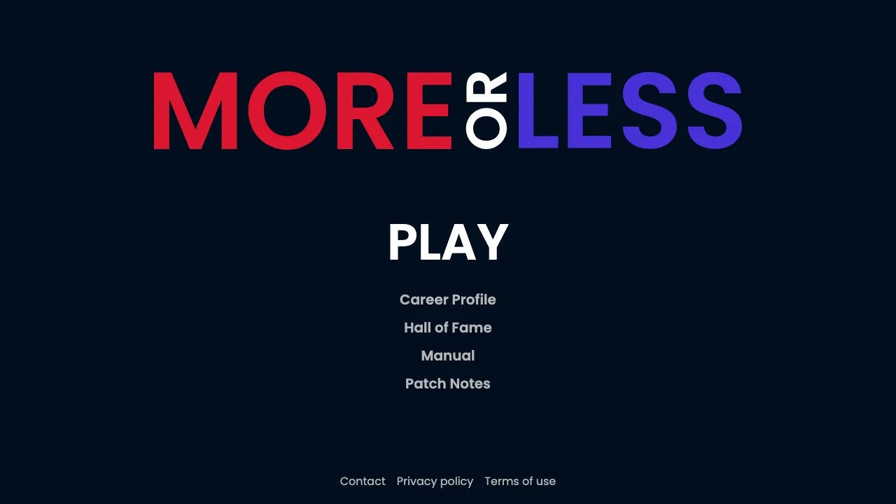 The MoreOrLess.io home page with its PLAY entry point and career navigation