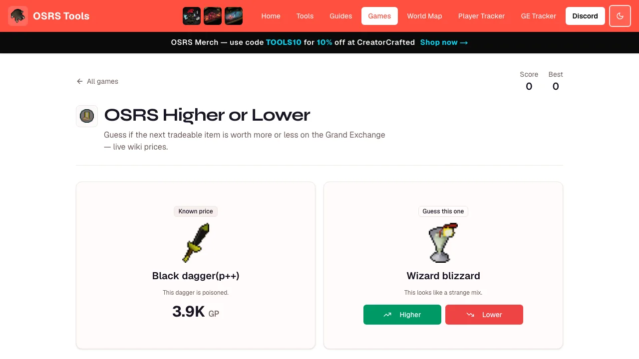 The OSRS Higher or Lower game showing a known item price against a hidden one with higher and lower buttons