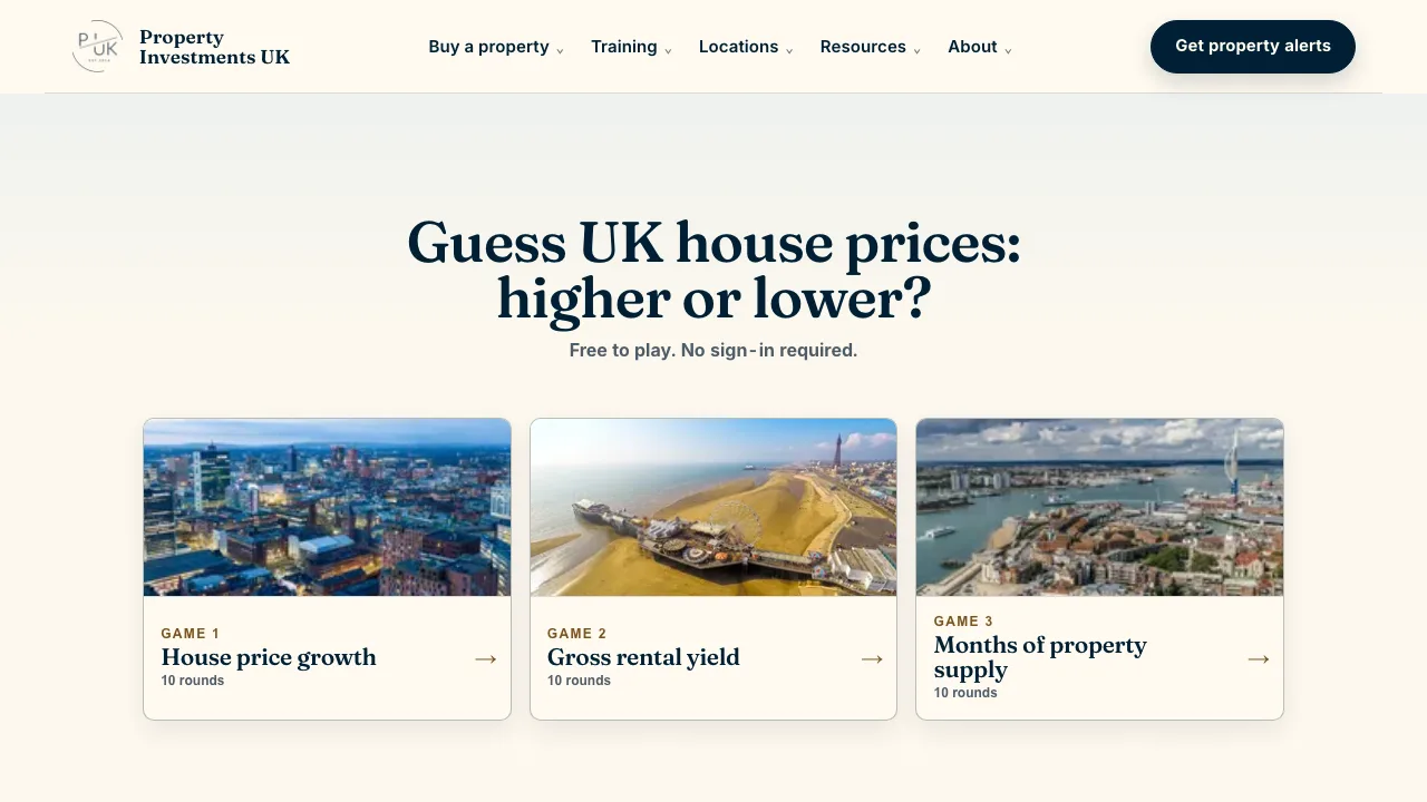The Guess UK House Prices game showing three ten-round modes for growth, rental yield and property supply