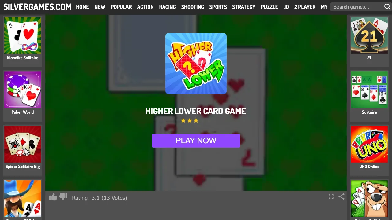 The SilverGames higher lower card game page surrounded by thumbnails of other card games