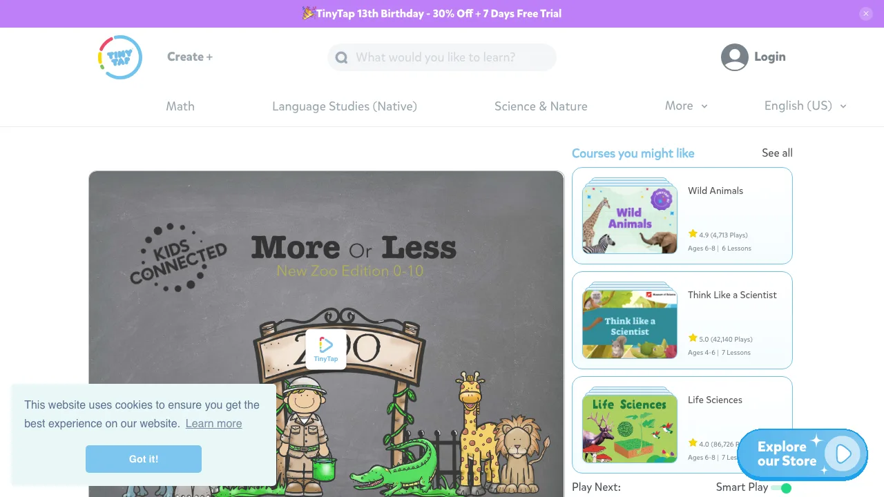 The TinyTap More or Less Zoo Edition activity page showing play count and age range